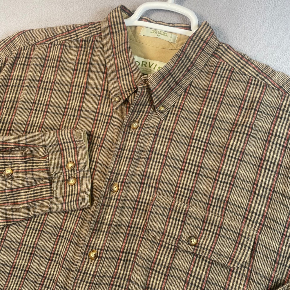 Orvis Button Down Mens XL Tan Plaid Cotton Long Sleeve Outdoor Casual Shirt 9952